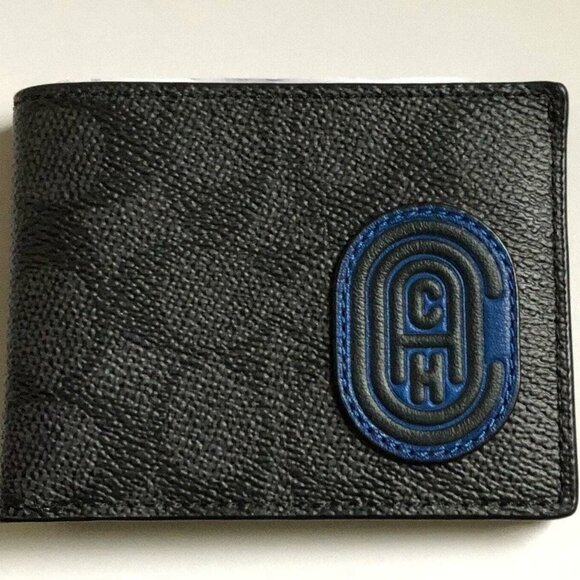 Coach Billfold Wallet Mens Black Retro Patch 69218 Slim Signature Canvas Leather - Picture 1 of 5